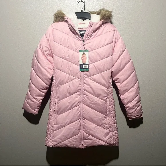 Lands' End - Girls Light Pink Quilted Coat with Faux Fur Hood Size XL - Picture 1 of 5